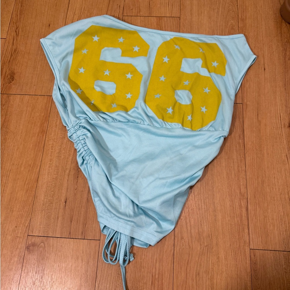 TWO FOR ONE Light Blue and orange jersey top with Yellow Number Design